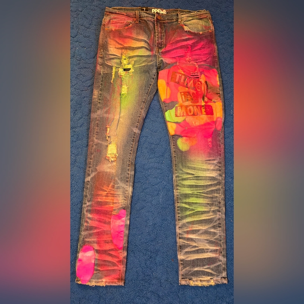 Preme Mens Multicolor Distressed Skinny Jeans